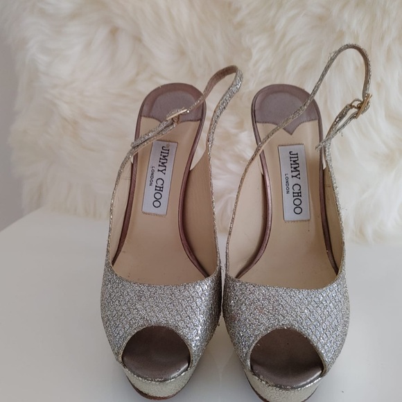 Jimmy Choo Silver Glitter Fabric Platform Peep Toe - Picture 2 of 4